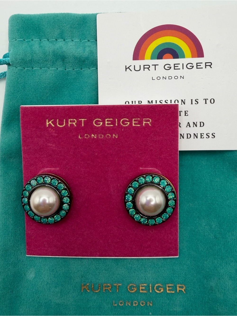 Kurt Geiger Kids Teal Crystal-Trim Pearl Button Earrings